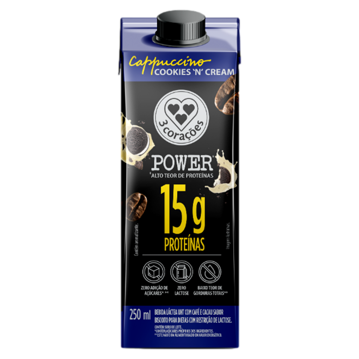 Bebida Láctea 15g Cappuccino Cookiesn Cream 3 Corações Power 250ml